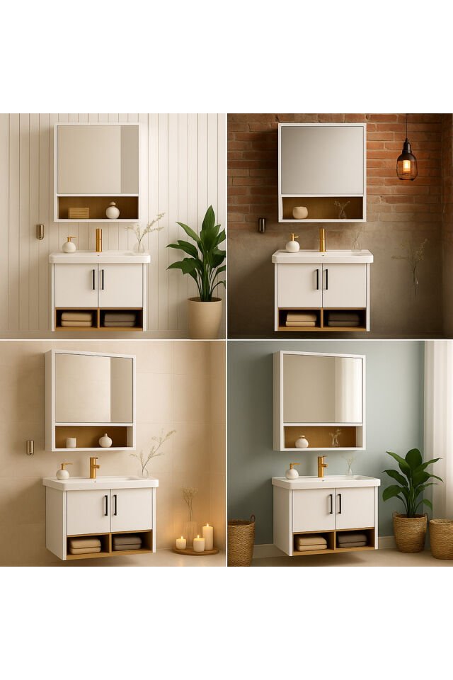 Legna 65 cm Banyo Dolabı Takımı – Beyaz & Ahşap – MDF – Seramik Lavabolu – Alt ve Üst Dolap