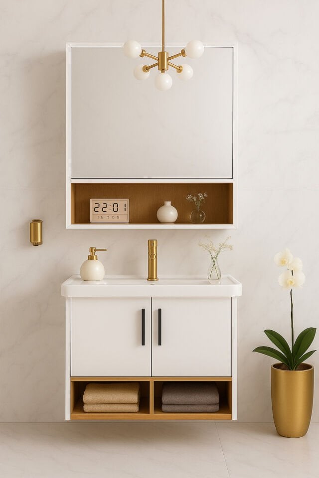 Legna 65 cm Banyo Dolabı Takımı – Beyaz & Ahşap – MDF – Seramik Lavabolu – Alt ve Üst Dolap