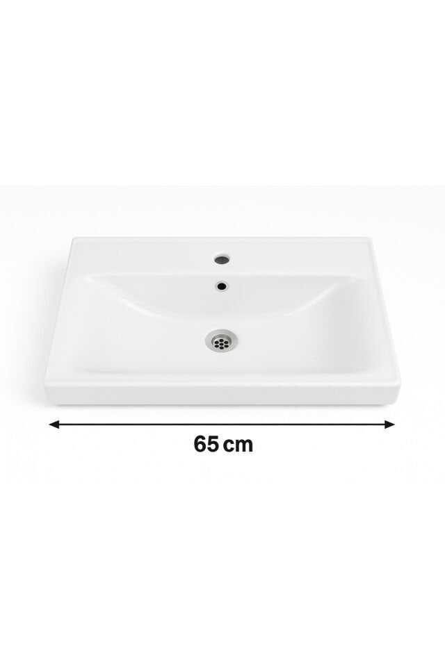 Legna 65 cm Banyo Dolabı Takımı – Beyaz & Ahşap – MDF – Seramik Lavabolu – Alt ve Üst Dolap