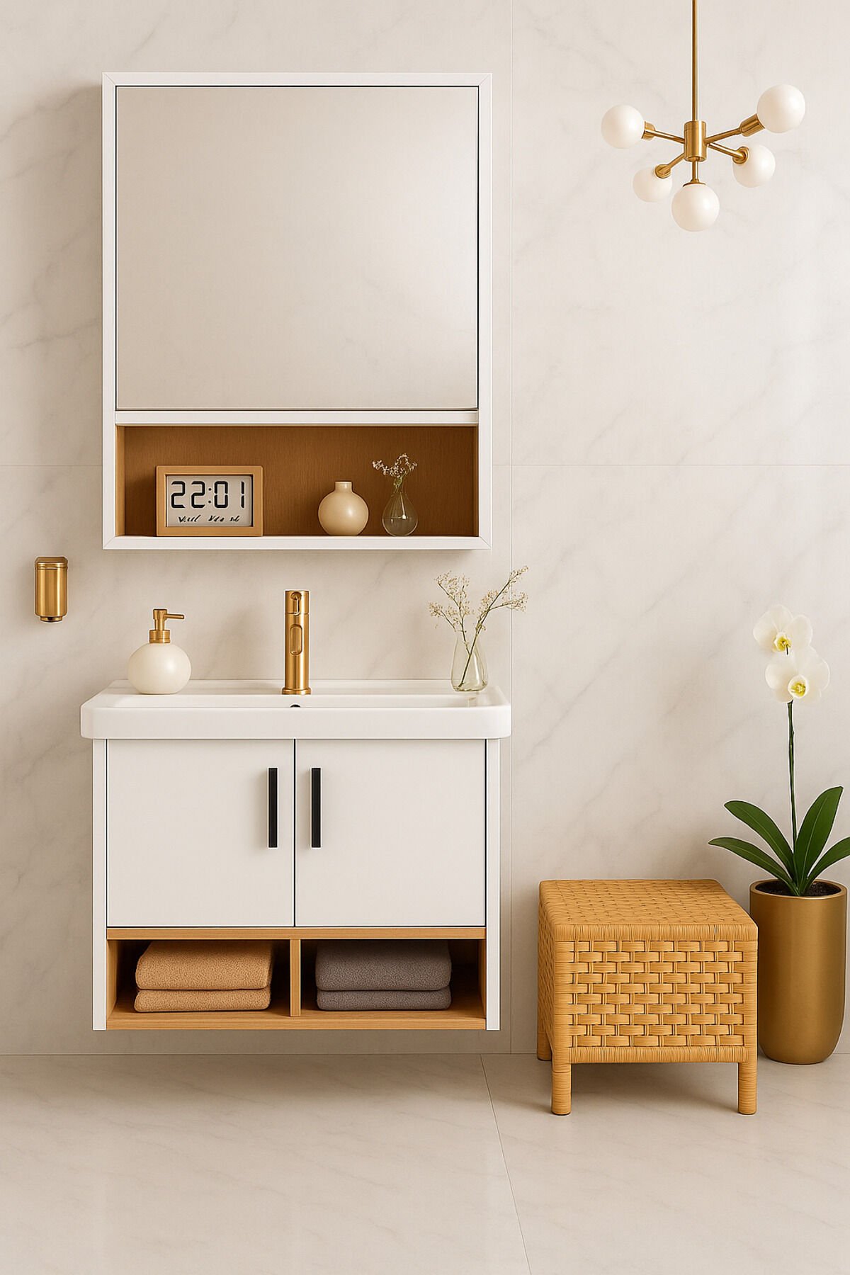 Legna 65 cm Banyo Dolabı Takımı – Beyaz & Ahşap – MDF – Seramik Lavabolu – Alt ve Üst Dolap