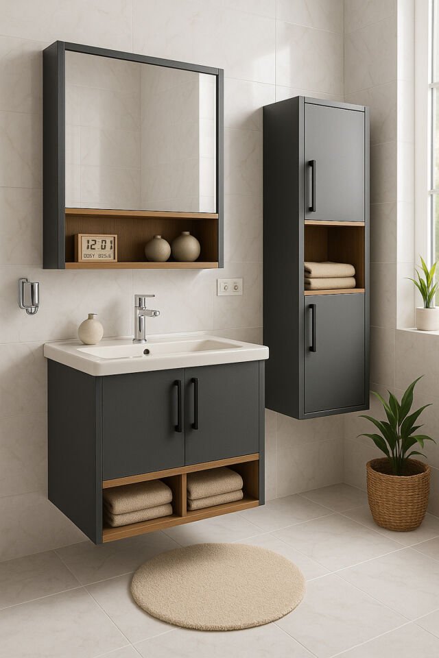 Legna 65 cm Antrasit-Ahşap Renkli, Seramik Lavabolu, Alt - Üst ve Boy Dolaplı Mdf Banyo Dolabı Seti