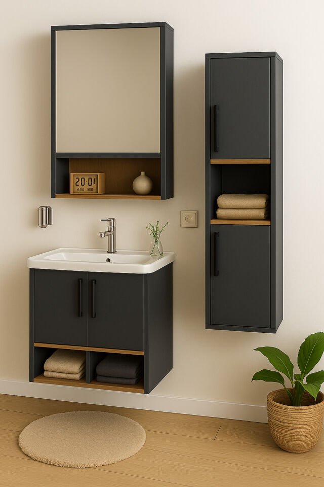Legna 65 cm Antrasit-Ahşap Renkli, Seramik Lavabolu, Alt - Üst ve Boy Dolaplı Mdf Banyo Dolabı Seti