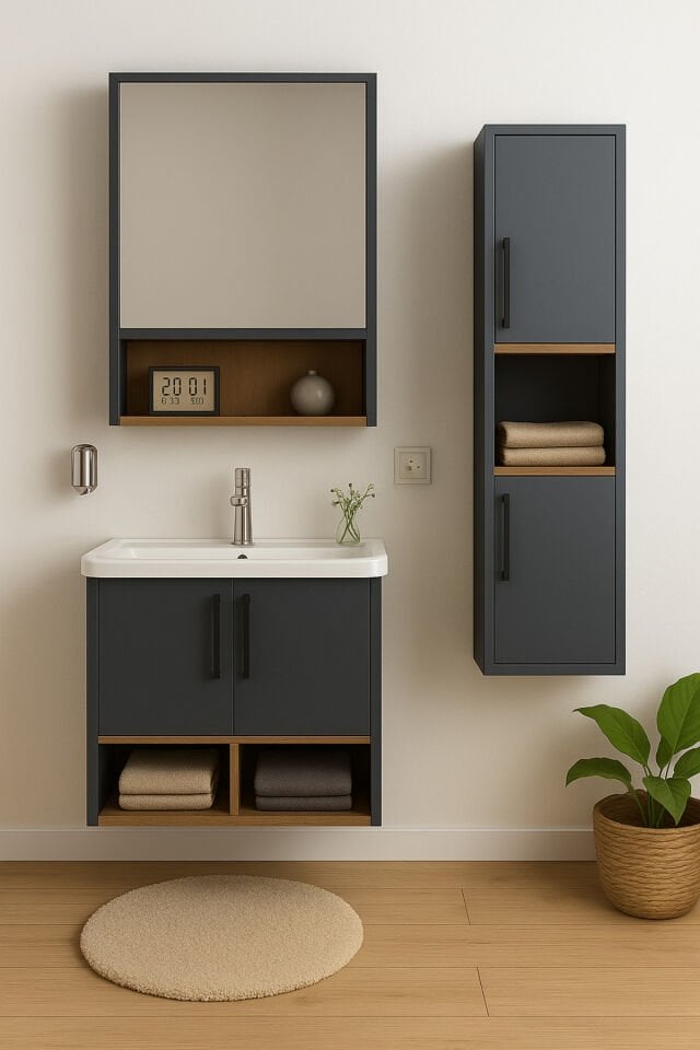 Legna 65 cm Antrasit-Ahşap Renkli, Seramik Lavabolu, Alt - Üst ve Boy Dolaplı Mdf Banyo Dolabı Seti