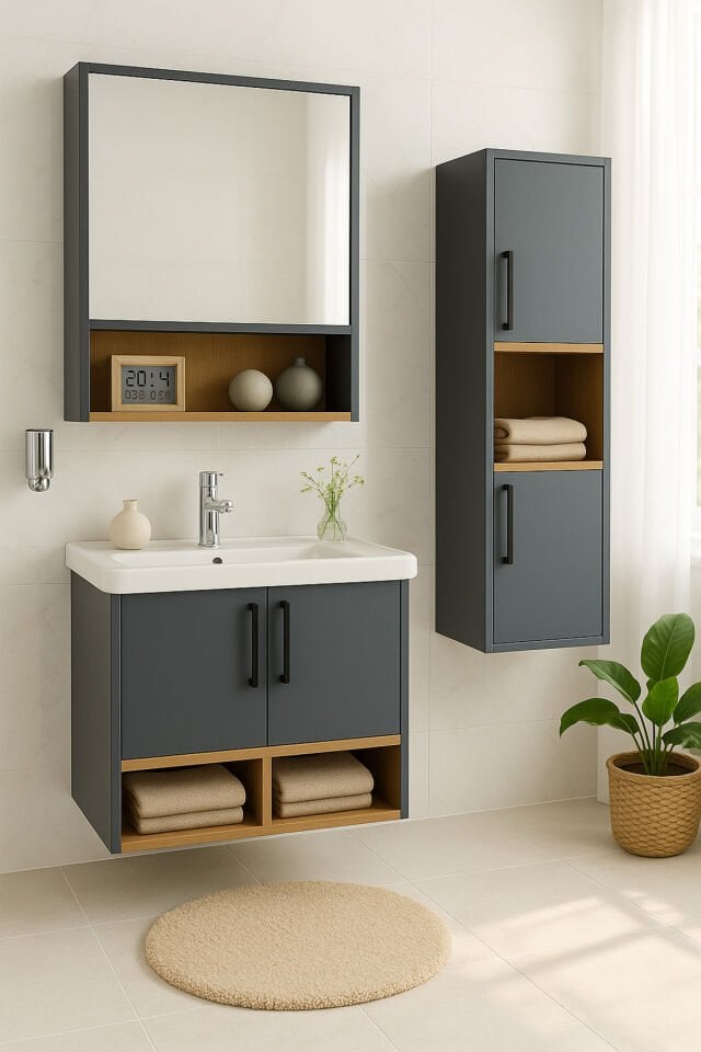 Legna 65 cm Antrasit-Ahşap Renkli, Seramik Lavabolu, Alt - Üst ve Boy Dolaplı Mdf Banyo Dolabı Seti