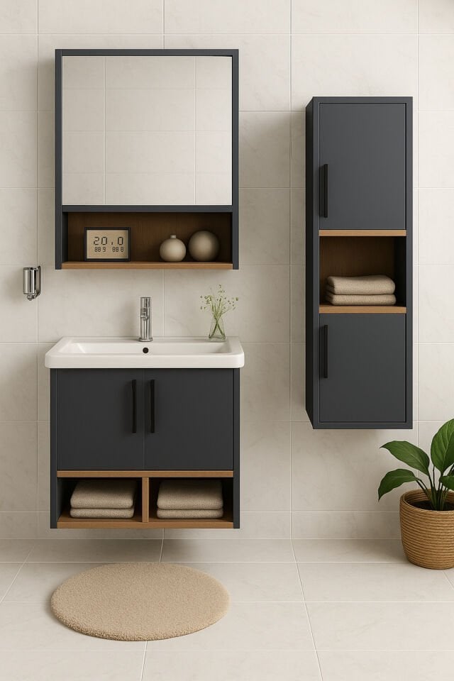 Legna 65 cm Antrasit-Ahşap Renkli, Seramik Lavabolu, Alt - Üst ve Boy Dolaplı Mdf Banyo Dolabı Seti