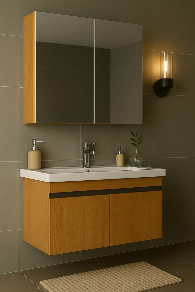 Arista 80 cm Ahşap MDF Seramik Lavabolu Banyo Dolabı Takımı – Alt & Üst Dolaplı, Aynalı