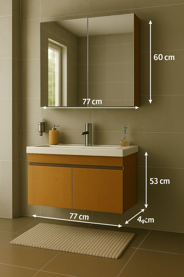 Arista 80 cm Ahşap MDF Seramik Lavabolu Banyo Dolabı Takımı – Alt & Üst Dolaplı, Aynalı