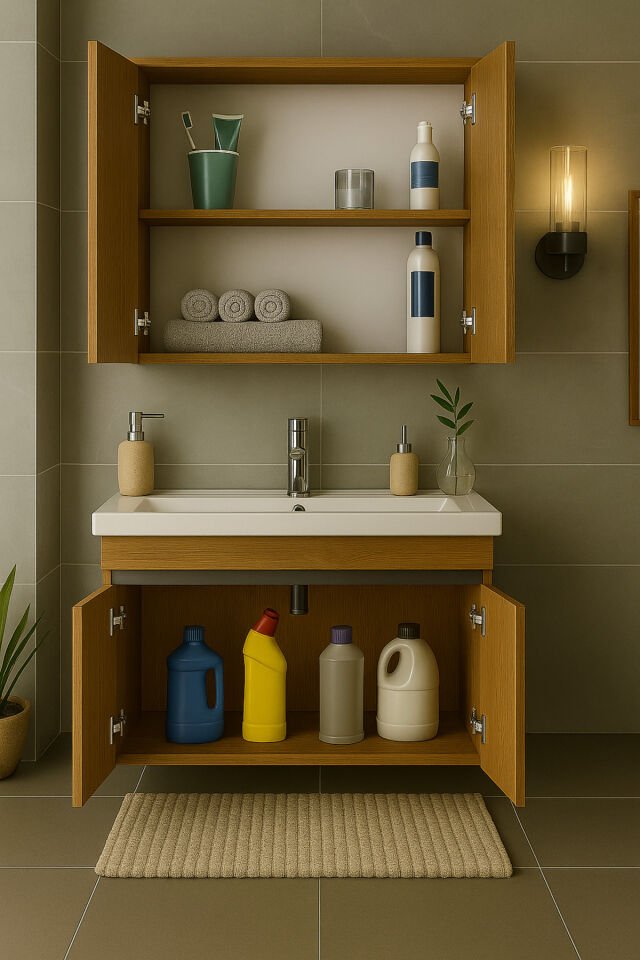 Arista 80 cm Ahşap MDF Seramik Lavabolu Banyo Dolabı Takımı – Alt & Üst Dolaplı, Aynalı