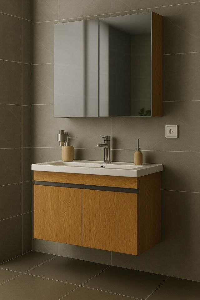 Arista 80 cm Ahşap MDF Seramik Lavabolu Banyo Dolabı Takımı – Alt & Üst Dolaplı, Aynalı