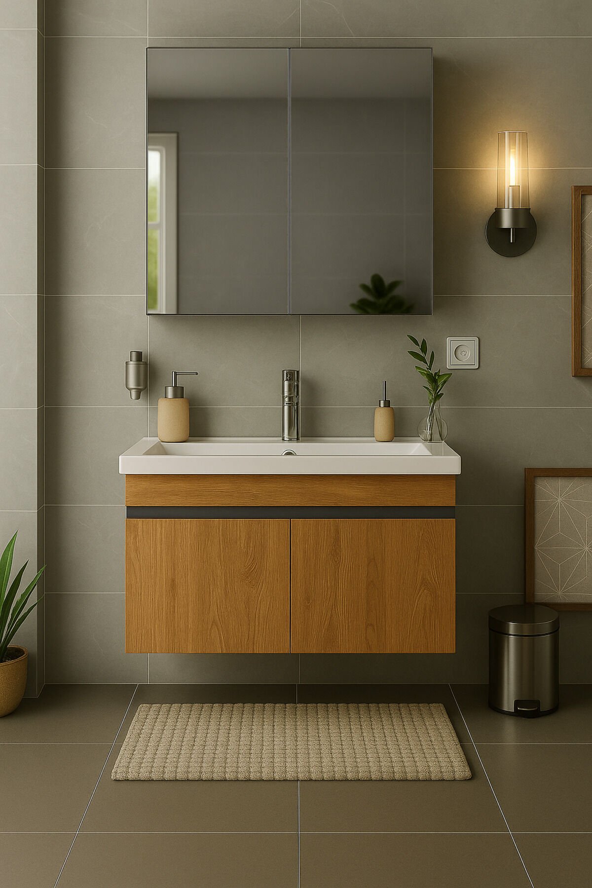 Arista 80 cm Ahşap MDF Seramik Lavabolu Banyo Dolabı Takımı – Alt & Üst Dolaplı, Aynalı