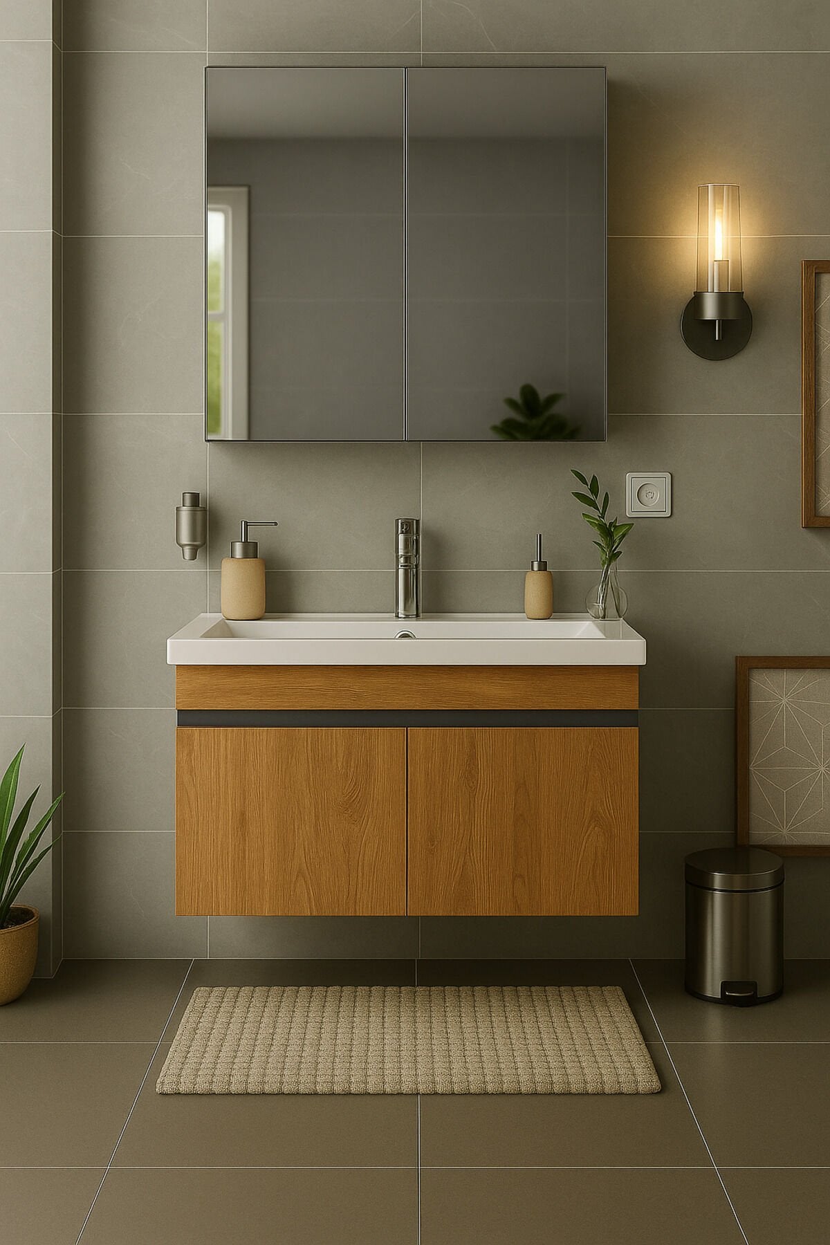 Arista 80 cm Ahşap MDF Seramik Lavabolu Banyo Dolabı Takımı – Alt & Üst Dolaplı, Aynalı