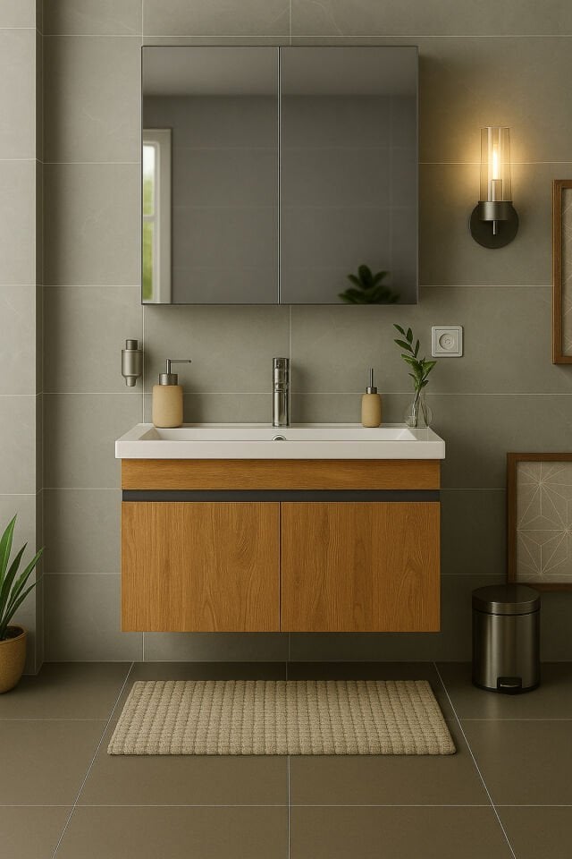 Arista 80 cm Ahşap MDF Seramik Lavabolu Banyo Dolabı Takımı – Alt & Üst Dolaplı, Aynalı