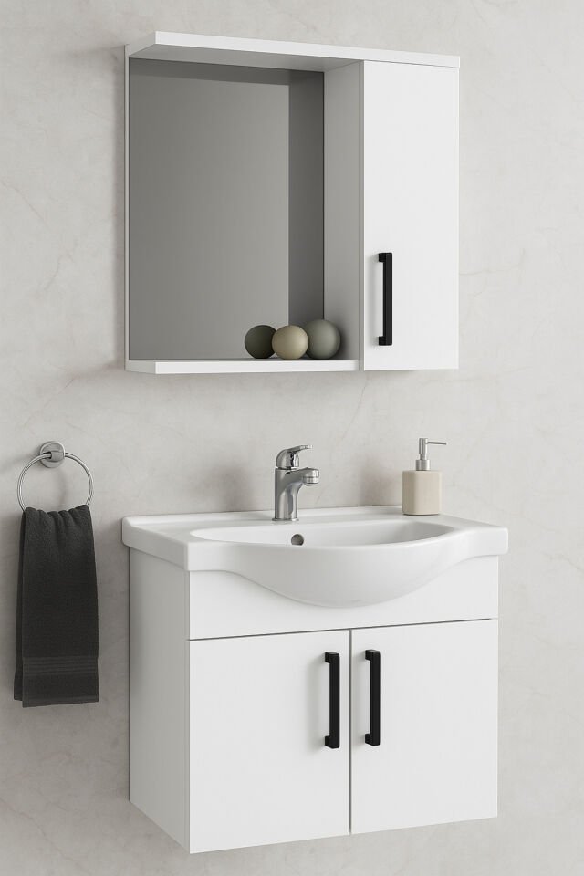 Lacrime 65 cm Beyaz Renkli Mdf, Oval Seramik Lavabolu, Alt ve Üst Dolaplı, Banyo Dolabı Takımı