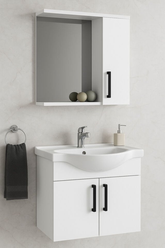 Lacrime 65 cm Banyo Dolabı Takımı, Beyaz Renkli, Oval Seramik Lavabolu,  Tamamı MDF
