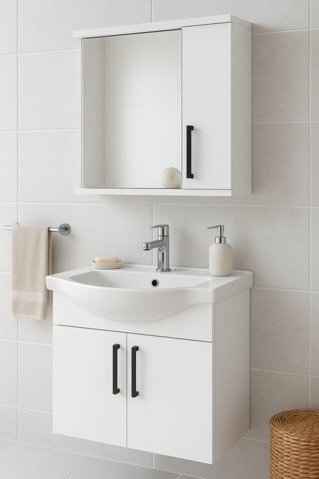 Lacrime 65 cm Beyaz Renkli Mdf, Oval Seramik Lavabolu, Alt ve Üst Dolaplı, Banyo Dolabı Takımı