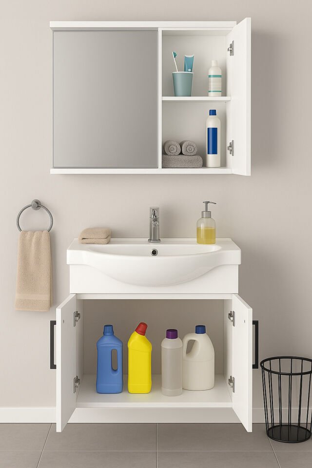 Lacrime 65 cm Beyaz Renkli Mdf, Oval Seramik Lavabolu, Alt ve Üst Dolaplı, Banyo Dolabı Takımı