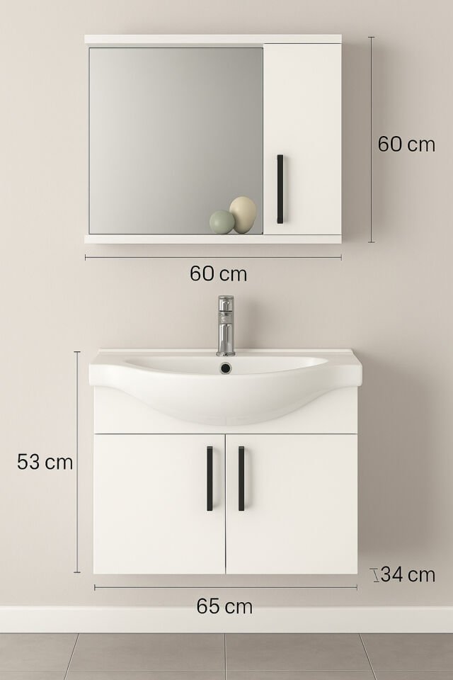 Lacrime 65 cm Beyaz Renkli Mdf, Oval Seramik Lavabolu, Alt ve Üst Dolaplı, Banyo Dolabı Takımı
