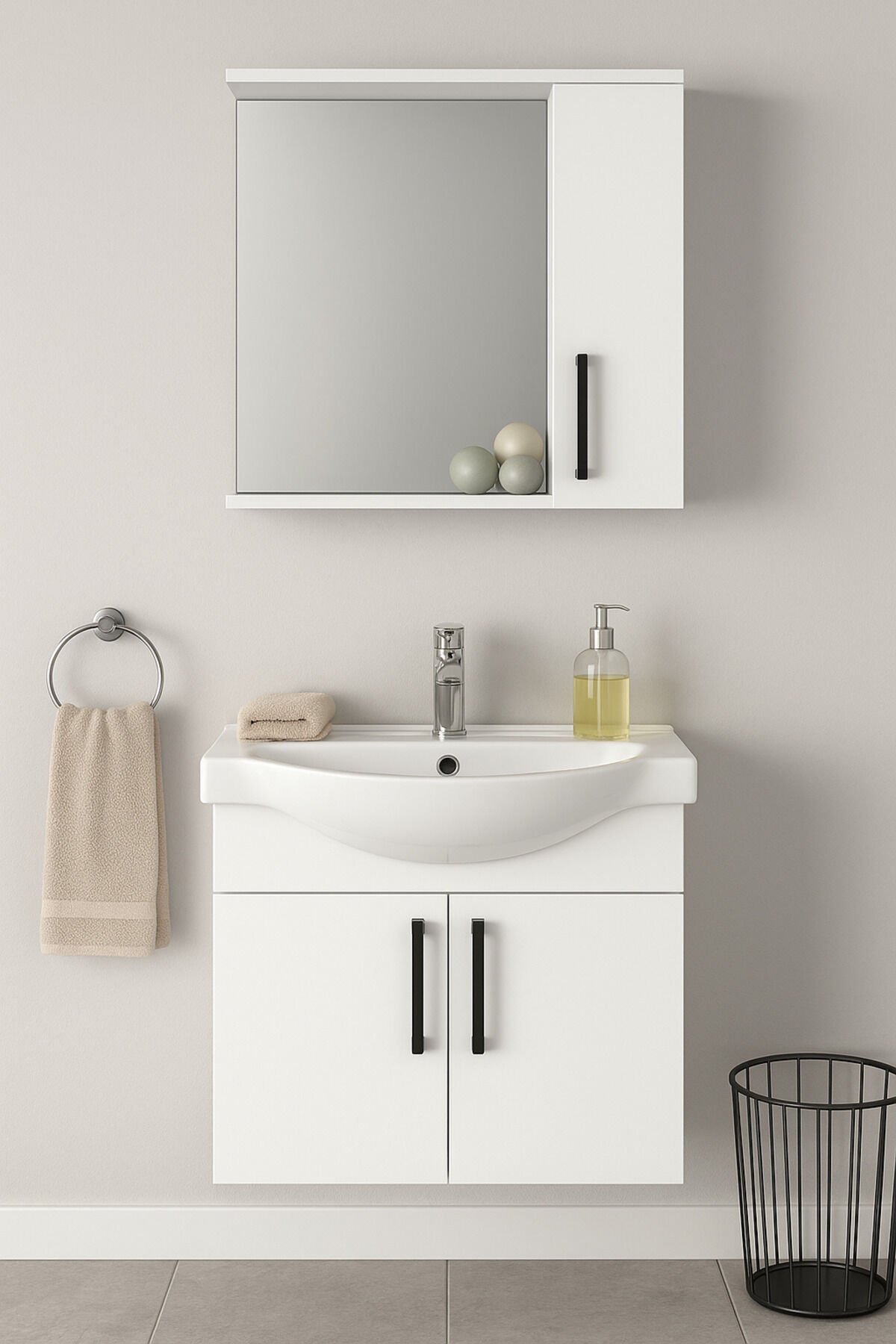 Lacrime 65 cm Beyaz Renkli Mdf, Oval Seramik Lavabolu, Alt ve Üst Dolaplı, Banyo Dolabı Takımı