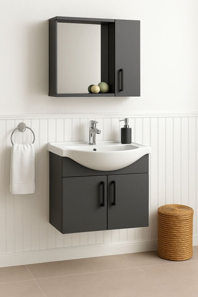 Lacrime 65 cm Antrasit Renkli Mdf, Oval Seramik Lavabolu, Alt ve Üst Dolaplı, Banyo Dolabı Takımı