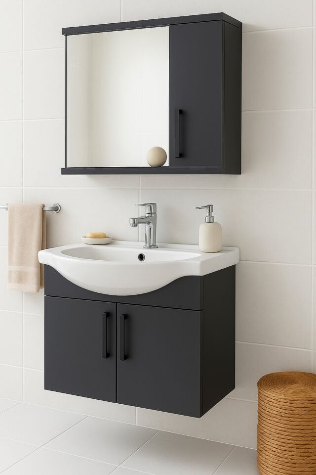 Lacrime 65 cm Antrasit Renkli Mdf, Oval Seramik Lavabolu, Alt ve Üst Dolaplı, Banyo Dolabı Takımı