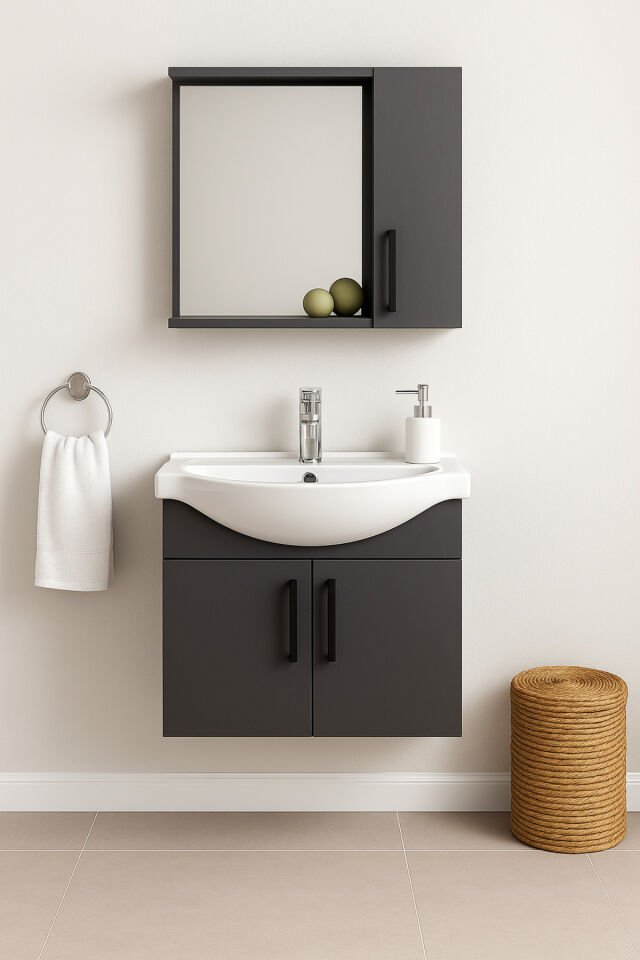 Lacrime 65 cm Antrasit Renkli Mdf, Oval Seramik Lavabolu, Alt ve Üst Dolaplı, Banyo Dolabı Takımı