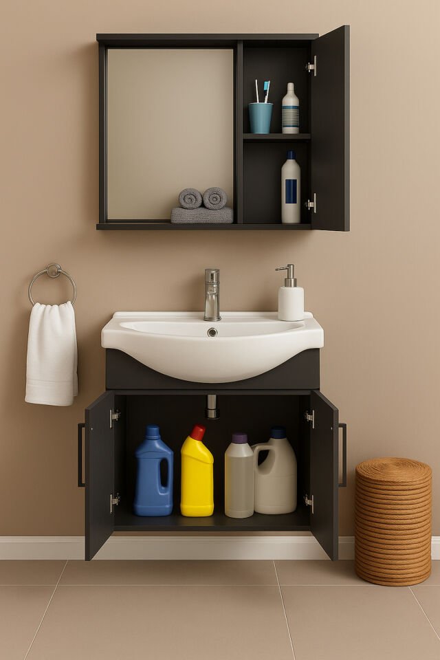 Lacrime 65 cm Antrasit Renkli Mdf, Oval Seramik Lavabolu, Alt ve Üst Dolaplı, Banyo Dolabı Takımı