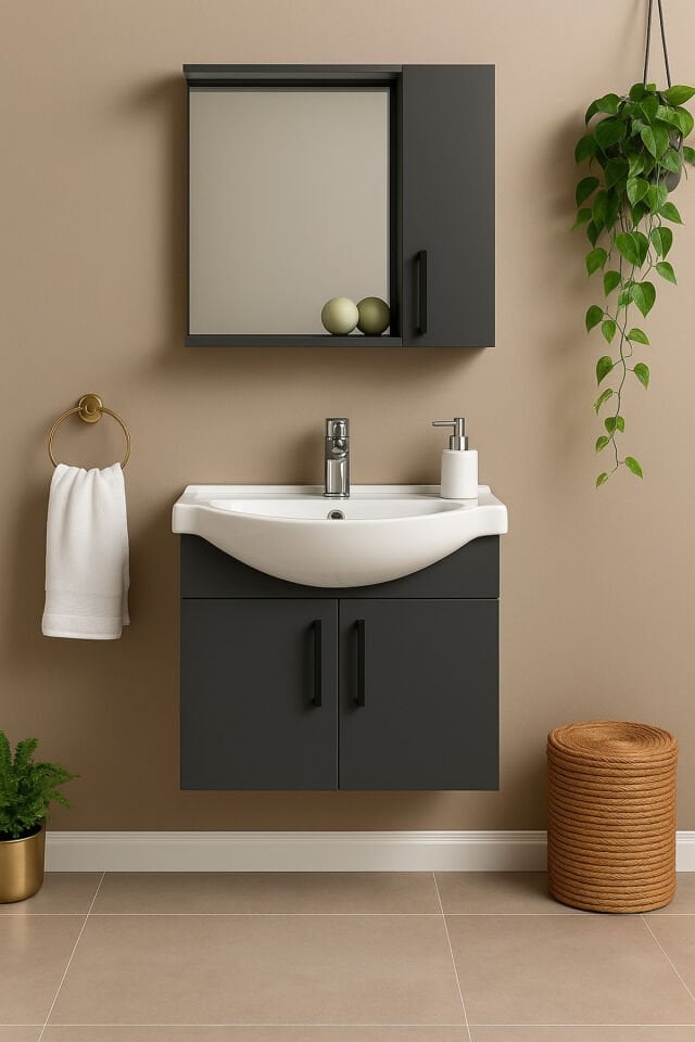 Lacrime 65 cm Antrasit Renkli Mdf, Oval Seramik Lavabolu, Alt ve Üst Dolaplı, Banyo Dolabı Takımı