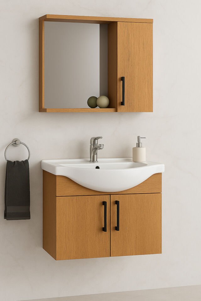 Lacrime 65 cm Ahşap Mdf, Oval Seramik Lavabolu, Alt ve Üst Dolaplı, Banyo Dolabı Takımı