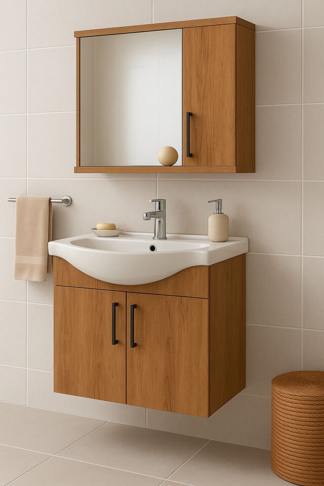 Lacrime 65 cm Ahşap Mdf, Oval Seramik Lavabolu, Alt ve Üst Dolaplı, Banyo Dolabı Takımı