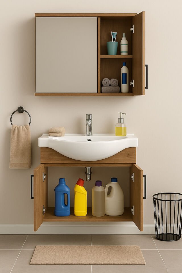 Lacrime 65 cm Ahşap Mdf, Oval Seramik Lavabolu, Alt ve Üst Dolaplı, Banyo Dolabı Takımı