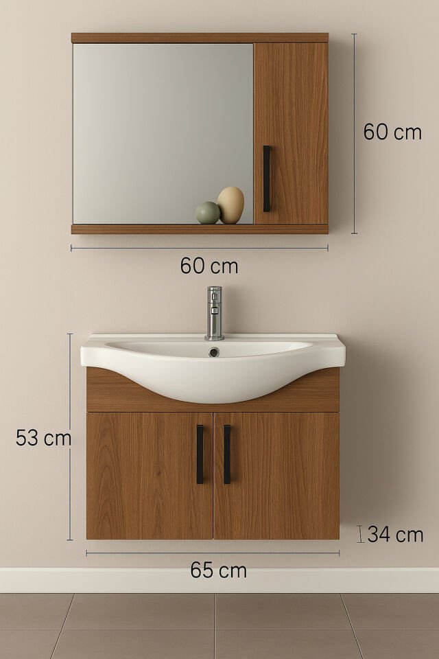 Lacrime 65 cm Ahşap Mdf, Oval Seramik Lavabolu, Alt ve Üst Dolaplı, Banyo Dolabı Takımı