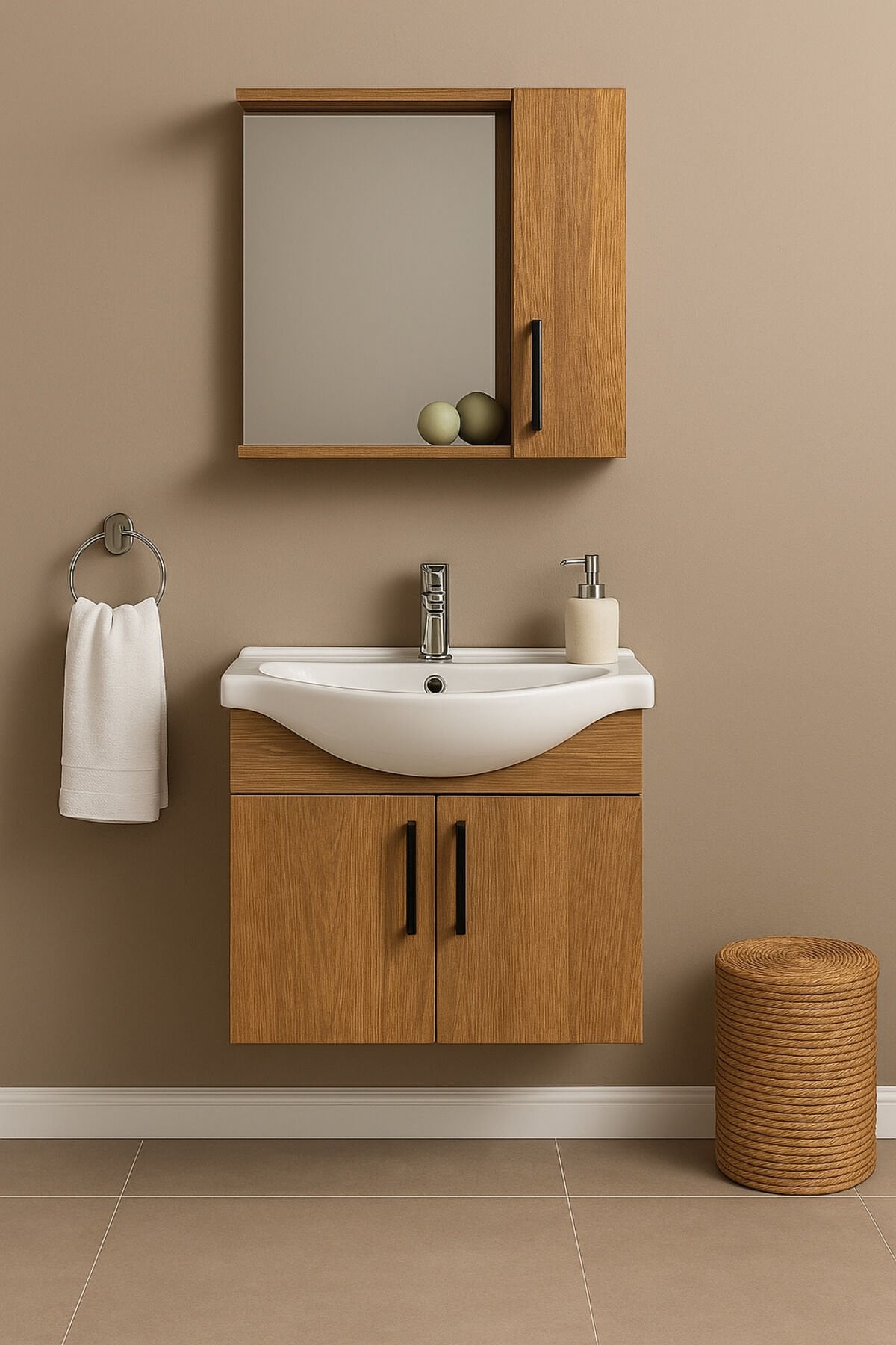 Lacrime 65 cm Ahşap Mdf, Oval Seramik Lavabolu, Alt ve Üst Dolaplı, Banyo Dolabı Takımı