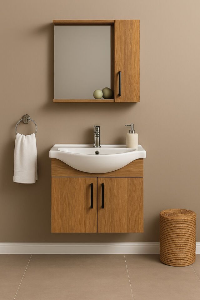 Lacrime 65 cm Ahşap Mdf, Oval Seramik Lavabolu, Alt ve Üst Dolaplı, Banyo Dolabı Takımı