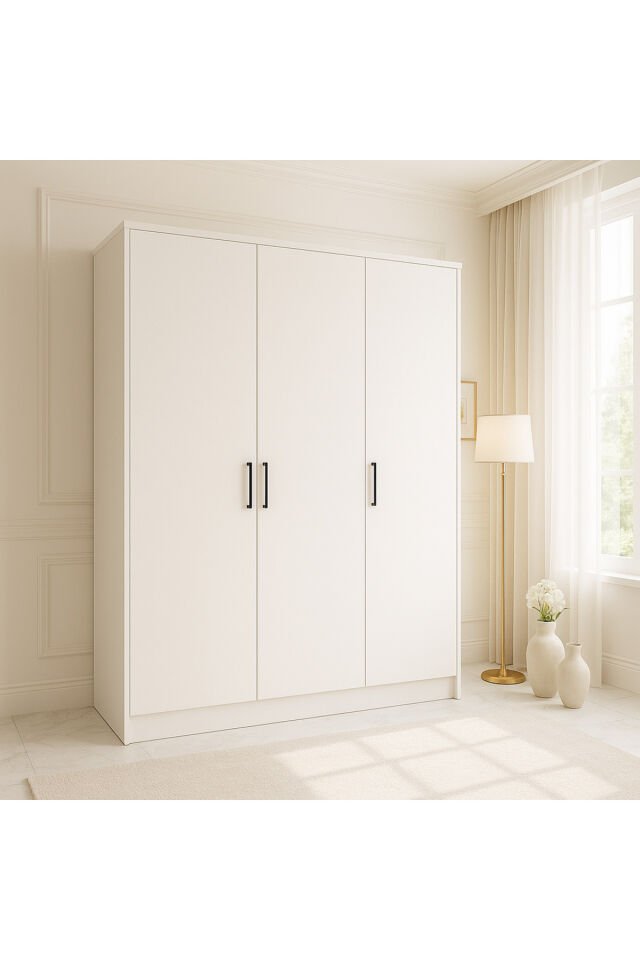 %100 Mdf 3 Kapaklı Yüklük Dolap | 180X135X50 cm | Beyaz – Modern Çok Amaçlı Gardrop