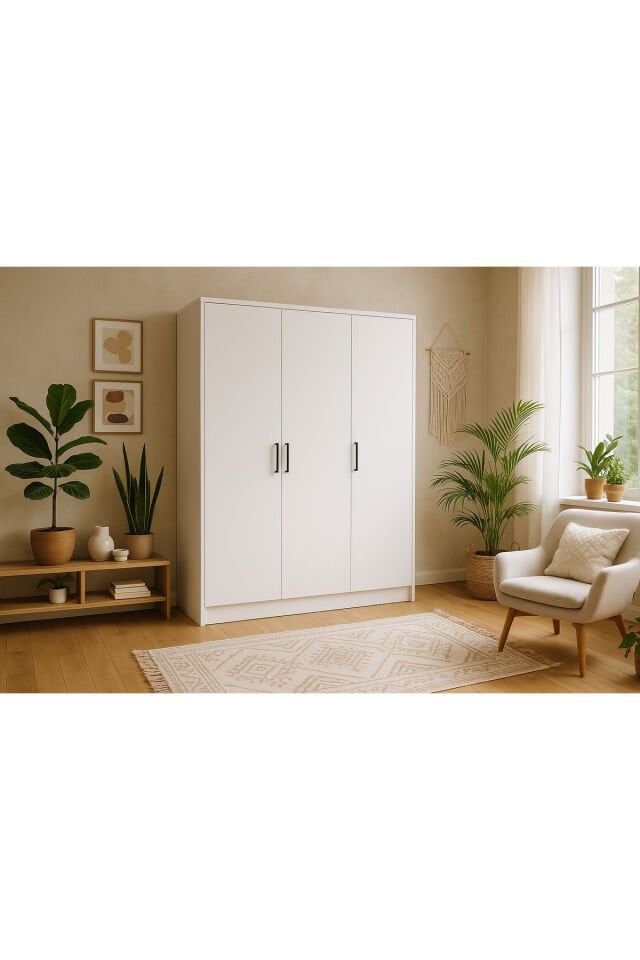 %100 Mdf 3 Kapaklı Yüklük Dolap | 180X135X50 cm | Beyaz – Modern Çok Amaçlı Gardrop