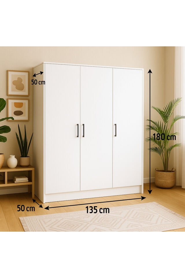 %100 Mdf 3 Kapaklı Yüklük Dolap | 180X135X50 cm | Beyaz – Modern Çok Amaçlı Gardrop