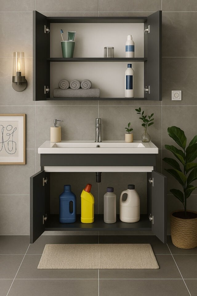Arista 80 Cm Antrasit Renkli Mdf, Seramik Lavabolu, Alt Ve Üst Dolaplı, Banyo Dolabı Takımı