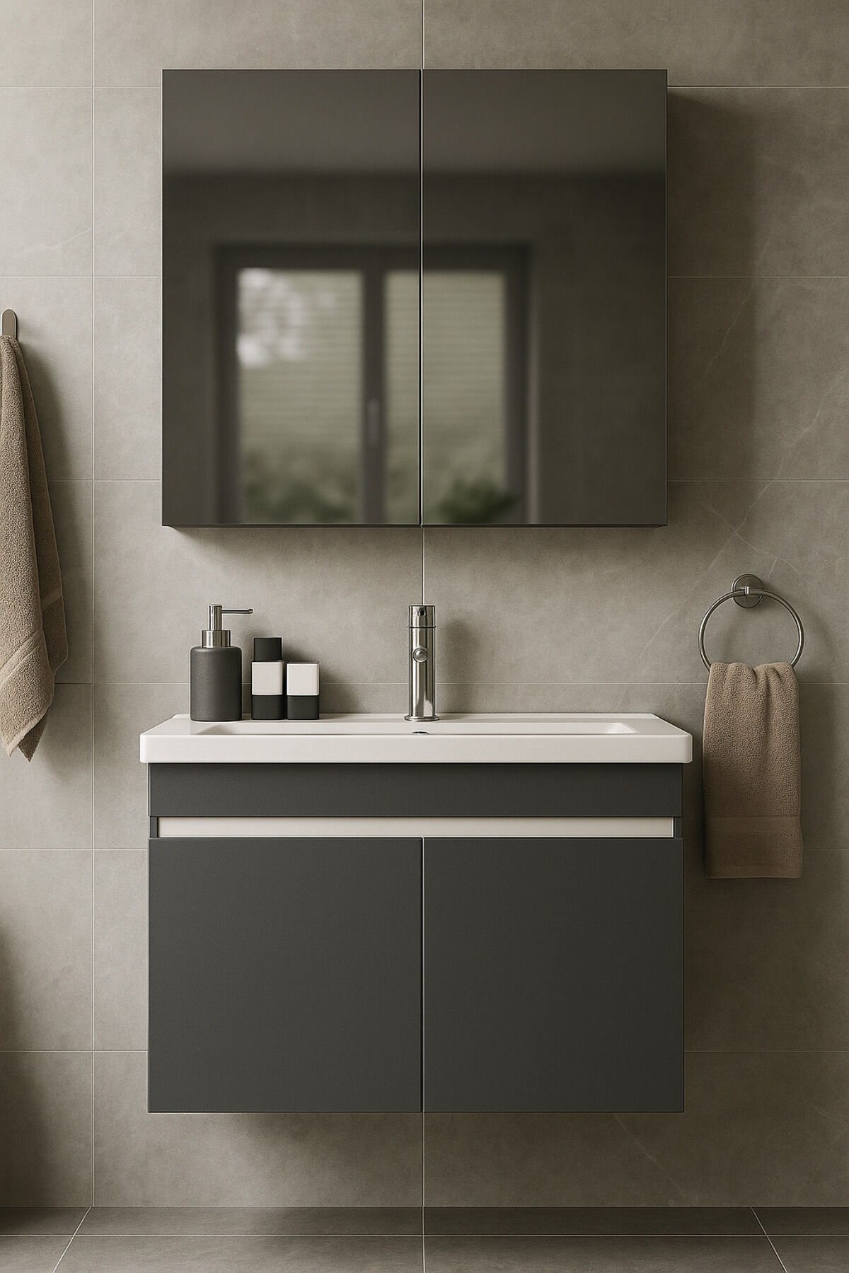 Arista 80 Cm Antrasit Renkli Mdf, Seramik Lavabolu, Alt Ve Üst Dolaplı, Banyo Dolabı Takımı
