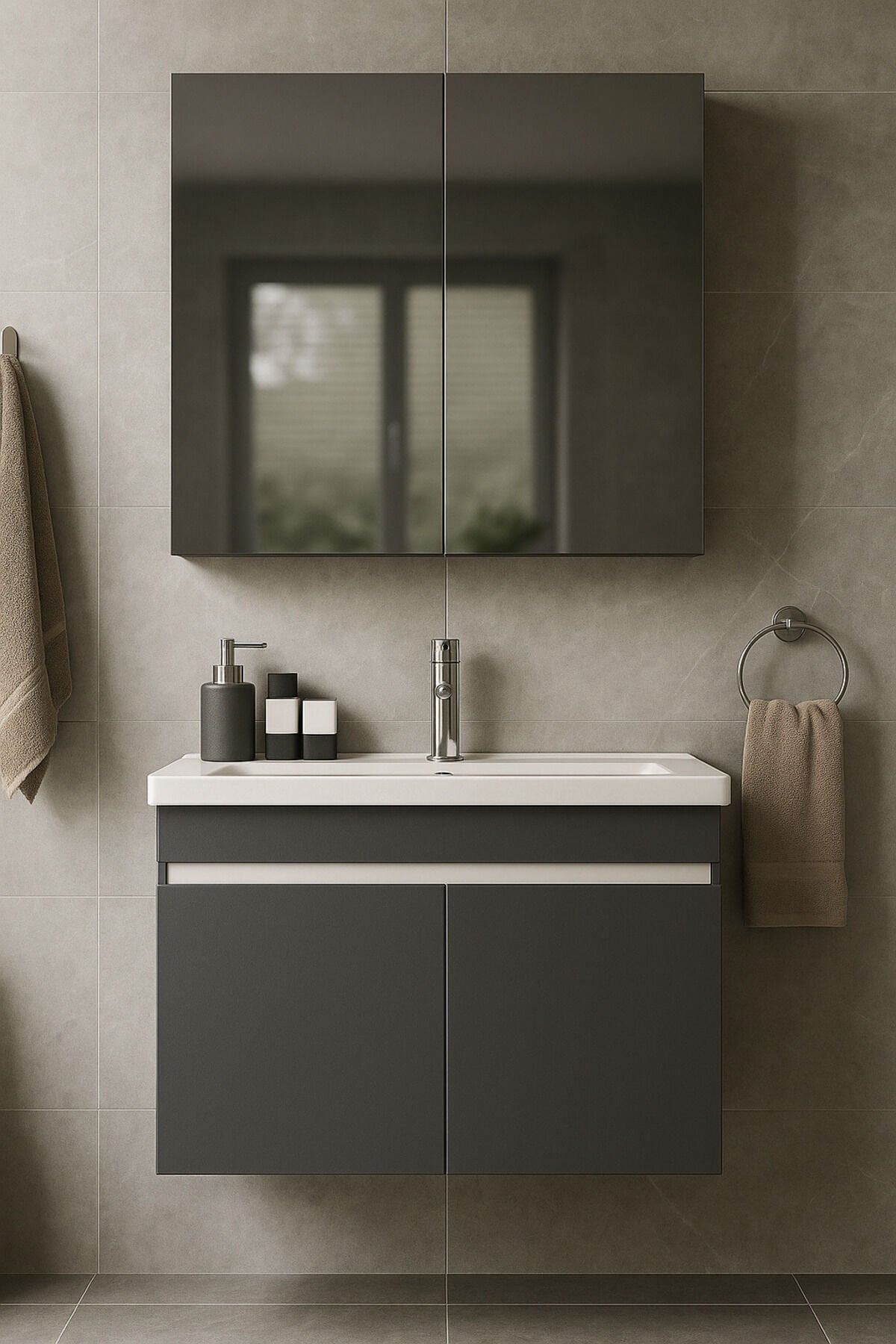 Arista 80 cm Banyo Dolabı Takımı, Antrasit Renkli, Seramik Lavabolu, Tamamı MDF