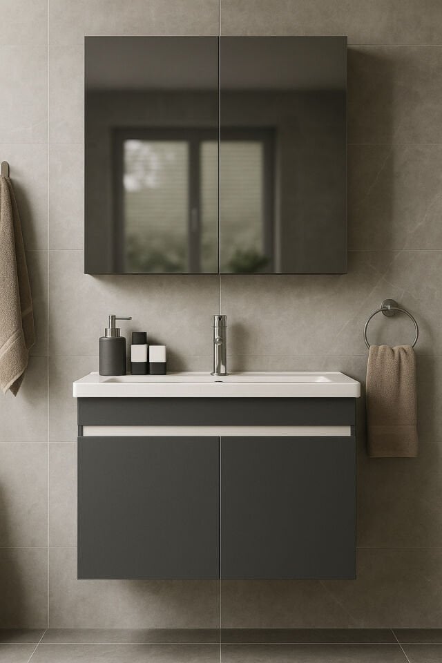 Arista 80 cm Banyo Dolabı Takımı, Antrasit Renkli, Seramik Lavabolu, Tamamı MDF