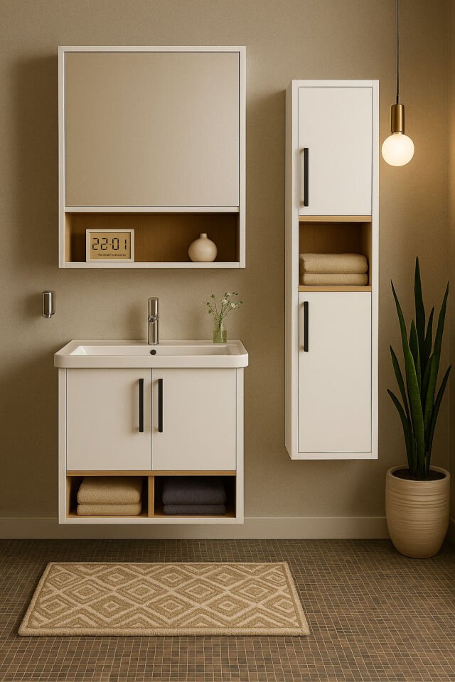 Legna 65 cm Beyaz-Ahşap Renkli Mdf, Seramik Lavabolu Alt - Üst ve Boy Dolaplı Banyo Dolabı Seti