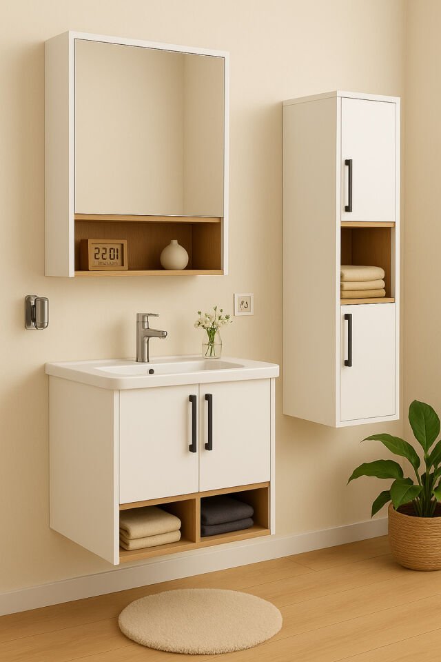 Legna 65 cm Beyaz-Ahşap Renkli Mdf, Seramik Lavabolu Alt - Üst ve Boy Dolaplı Banyo Dolabı Seti