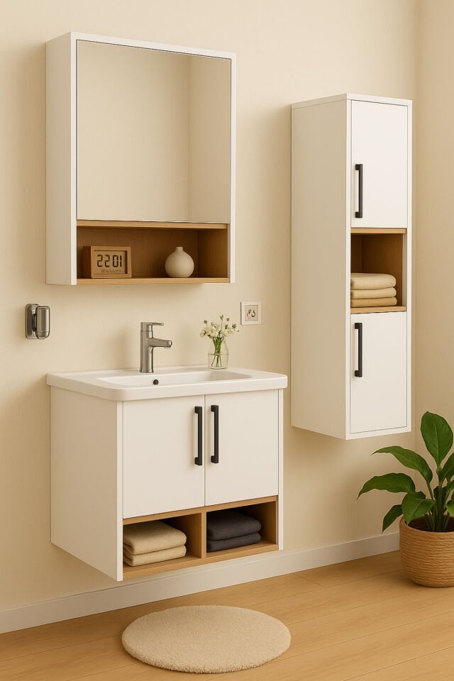 Legna 65 cm Banyo Dolabı Seti, Beyaz-Ahşap Renkli, Seramik Lavabolu, Boy Dolaplı, Tamamı MDF