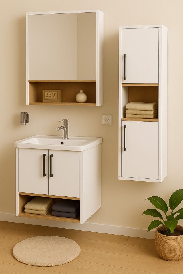 Legna 65 cm Beyaz-Ahşap Renkli Mdf, Seramik Lavabolu Alt - Üst ve Boy Dolaplı Banyo Dolabı Seti