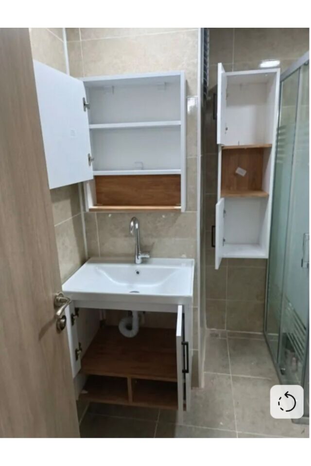 Legna 65 cm Beyaz-Ahşap Renkli Mdf, Seramik Lavabolu Alt - Üst ve Boy Dolaplı Banyo Dolabı Seti