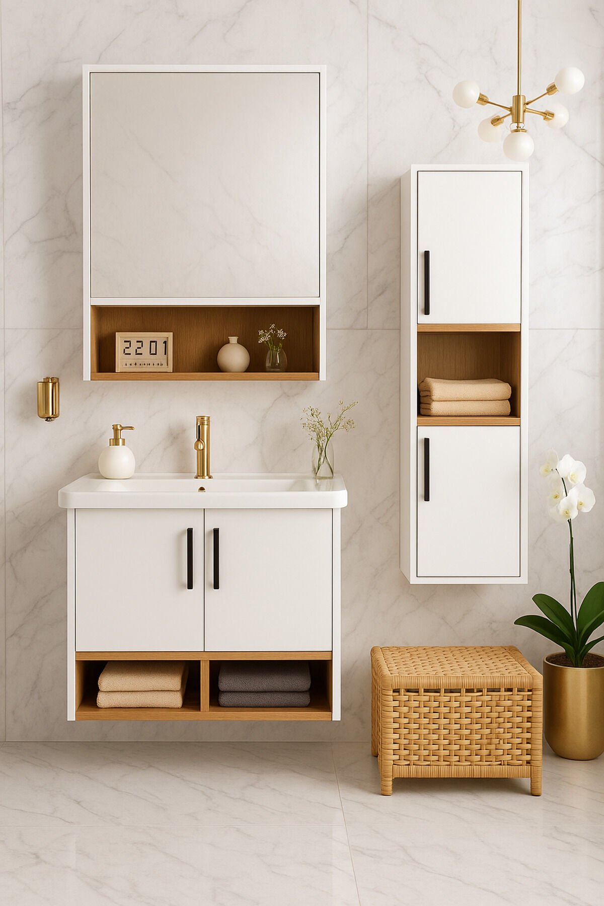 Legna 65 cm Beyaz-Ahşap Renkli Mdf, Seramik Lavabolu Alt - Üst ve Boy Dolaplı Banyo Dolabı Seti