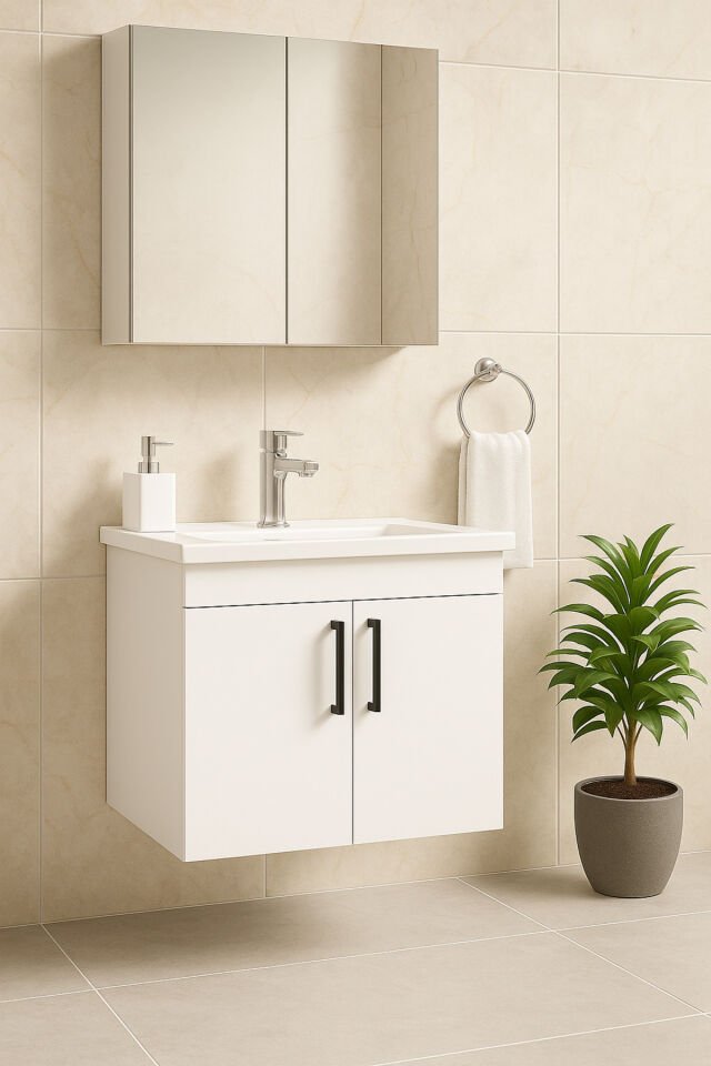 Liventa 65 cm Beyaz Renkli, Seramik Lavabolu, Mdf Banyo Dolabı Takımı