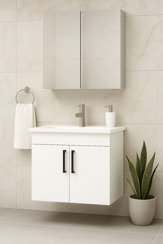 Liventa 65 cm Beyaz Renkli, Seramik Lavabolu, Mdf Banyo Dolabı Takımı