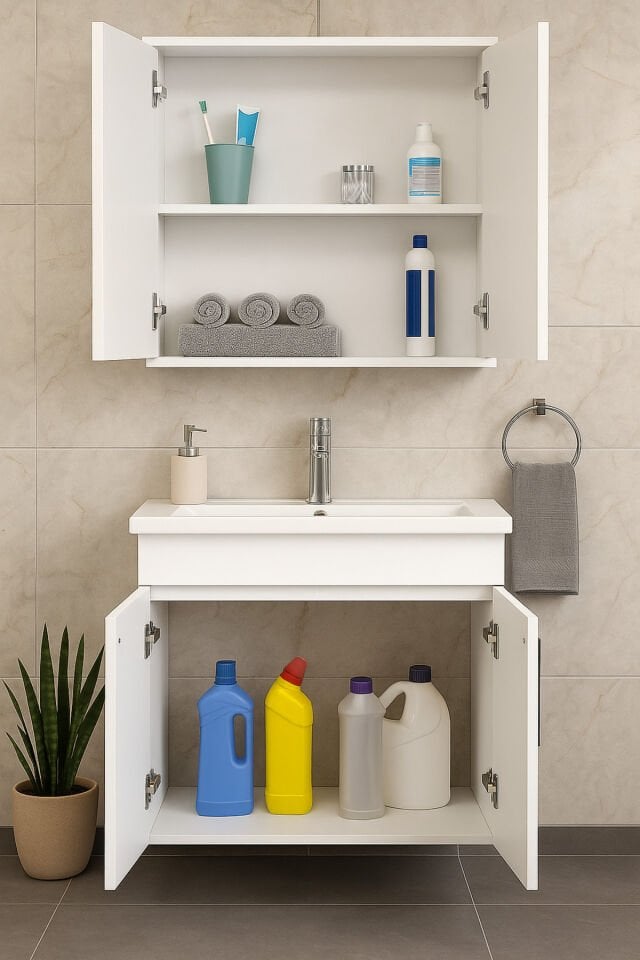 Liventa 65 cm Beyaz Renkli, Seramik Lavabolu, Mdf Banyo Dolabı Takımı
