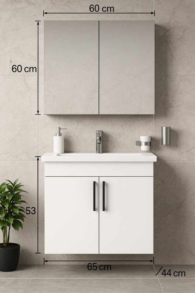 Liventa 65 cm Beyaz Renkli, Seramik Lavabolu, Mdf Banyo Dolabı Takımı